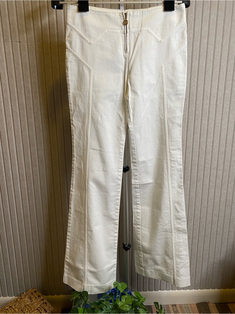 Tory Burch White Western Cowgirl Raised Seam Pants Zip Front Size 2
